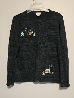 Breckenridge Medium Petite Forest Green Button Bear & Cabin Embroidery Cardigan